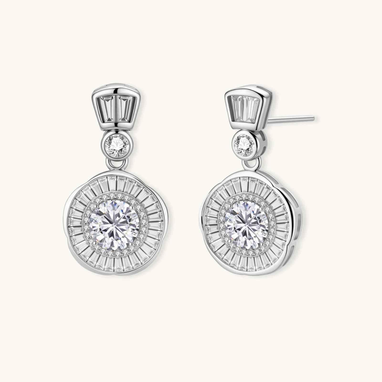 Art Deco-inspired sterling silver drop earrings with tiered moissanite stones in geometric sunburst design