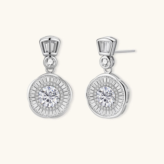 Art Deco-inspired sterling silver drop earrings with tiered moissanite stones in geometric sunburst design
