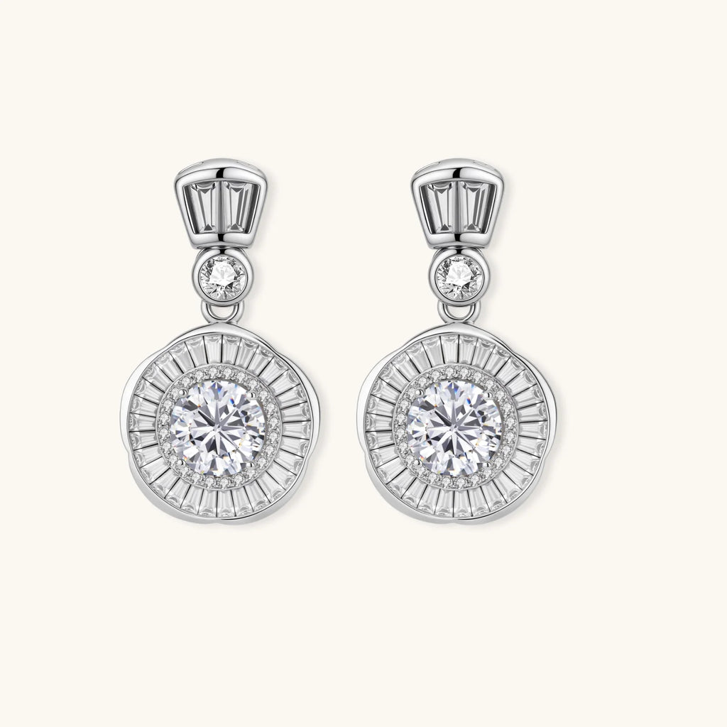 Art Deco-inspired sterling silver drop earrings with tiered moissanite stones in geometric sunburst design