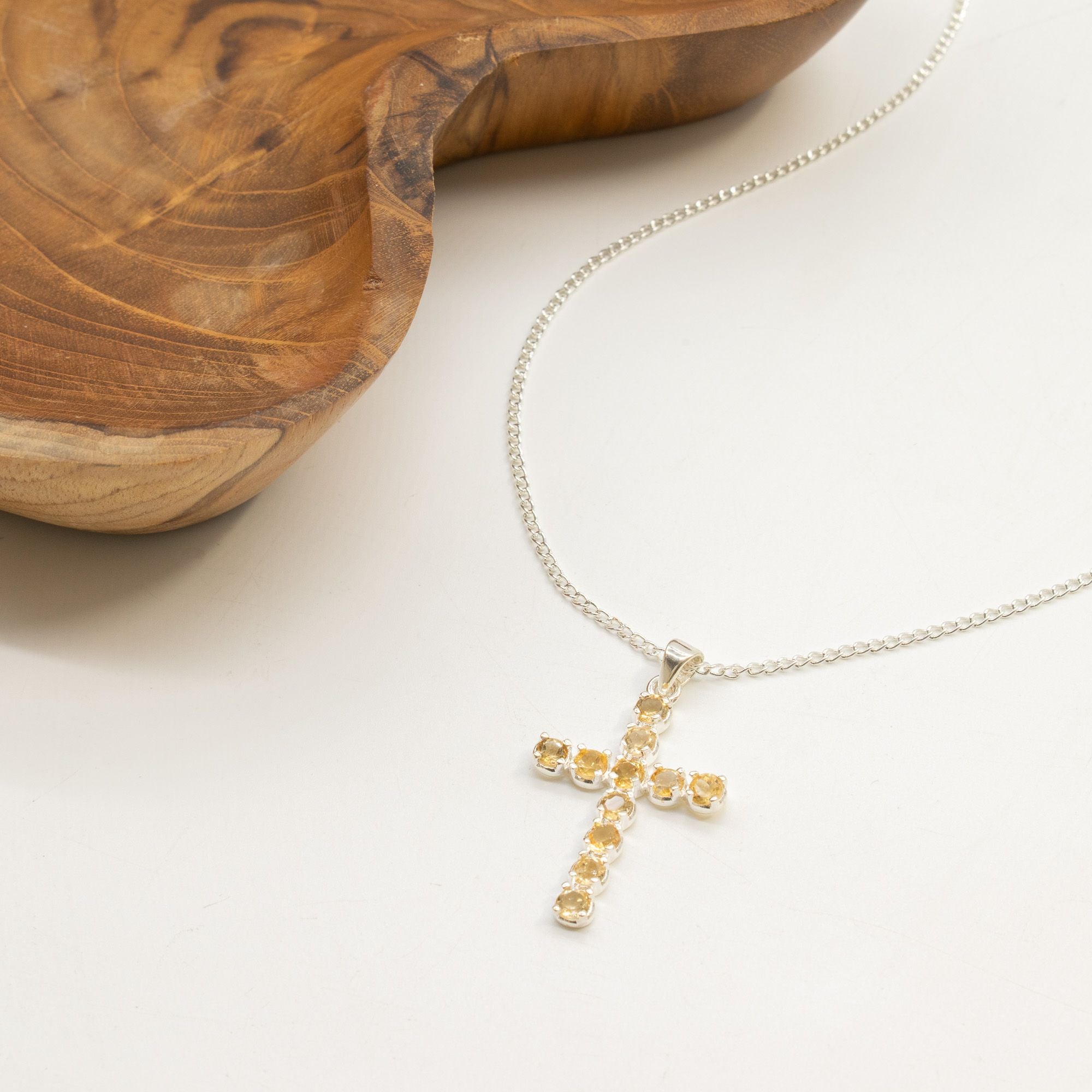 Indian Devotional Pendant - Silver Plated (45cm Chain)- Citrine Crucifix