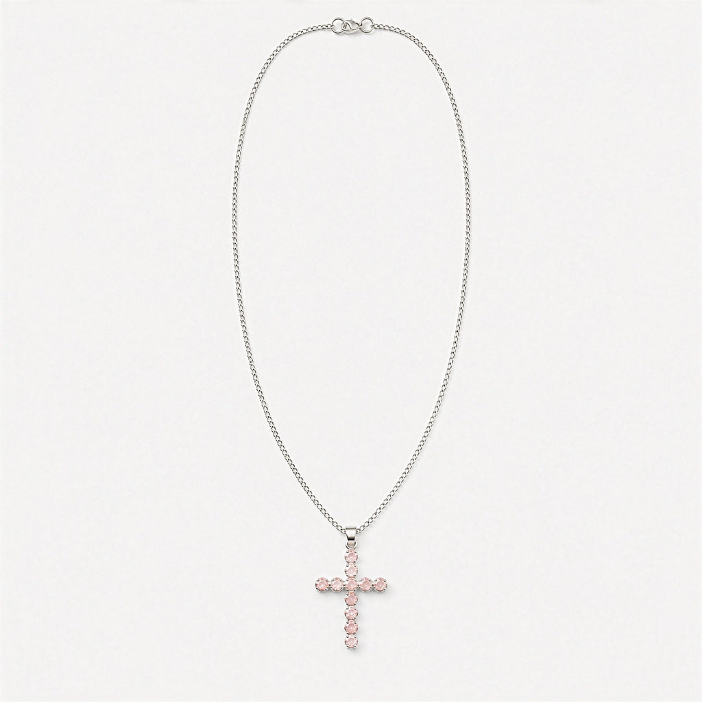 Indian Devotional Pendant - Silver Plated (45cm Chain)- Rose Quartz Crucifix