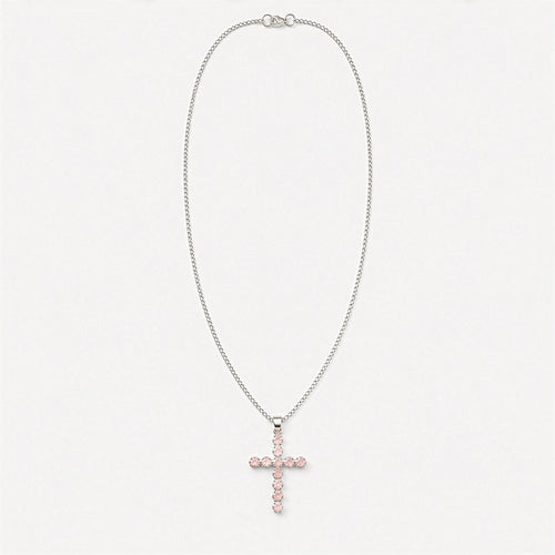 Indian Devotional Pendant - Silver Plated (45cm Chain)- Rose Quartz Crucifix