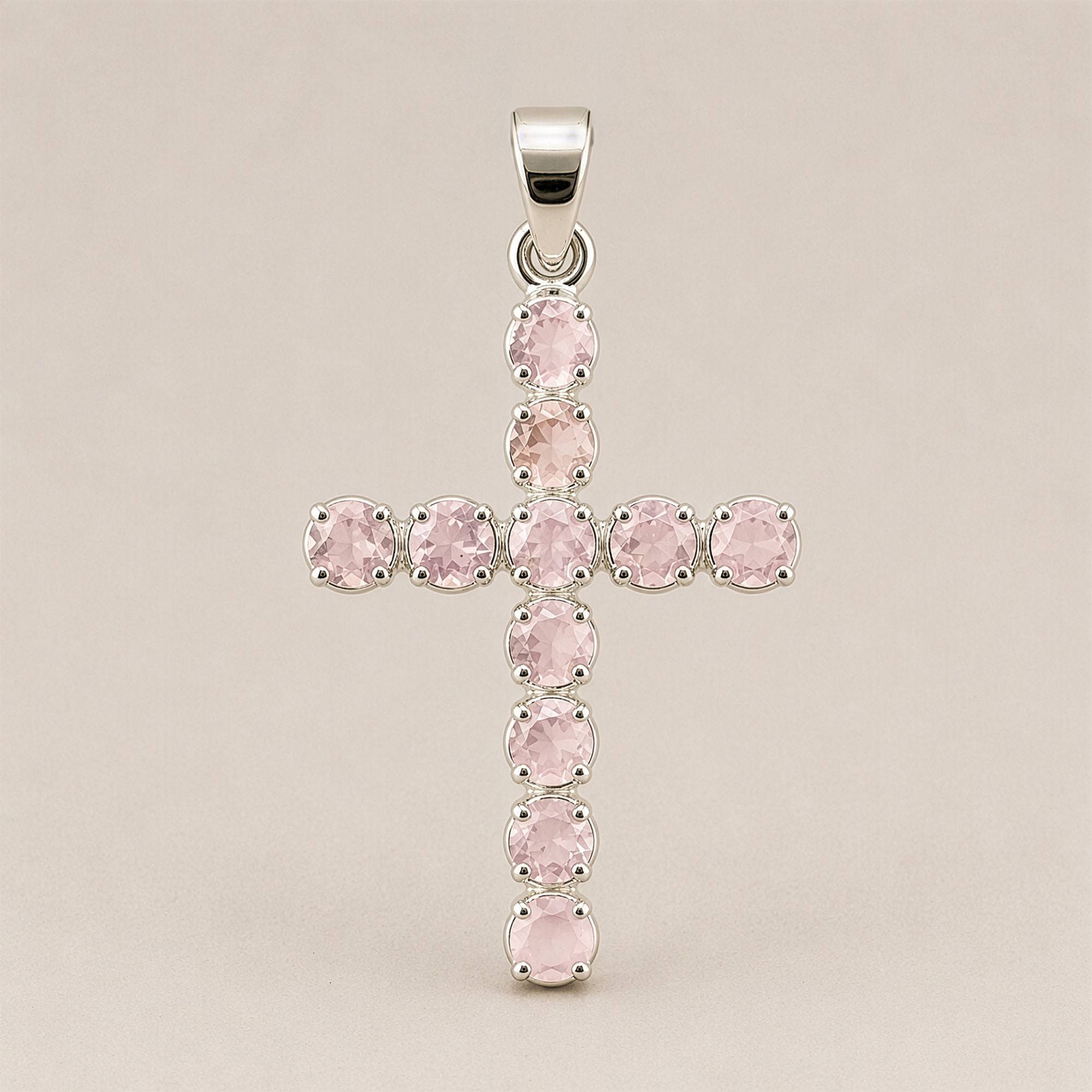 Indian Devotional Pendant - Silver Plated (45cm Chain)- Rose Quartz Crucifix