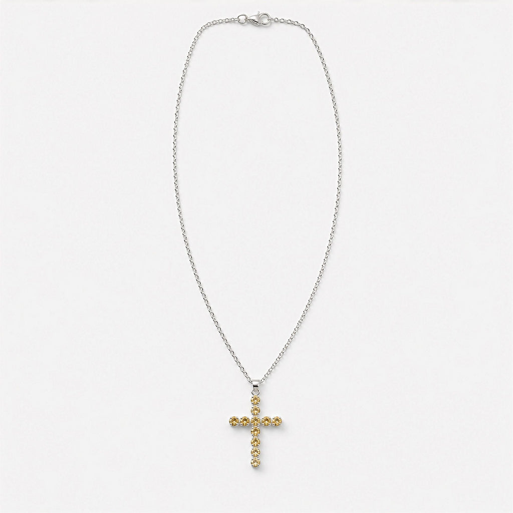 Indian Devotional Pendant - Silver Plated (45cm Chain)- Citrine Crucifix