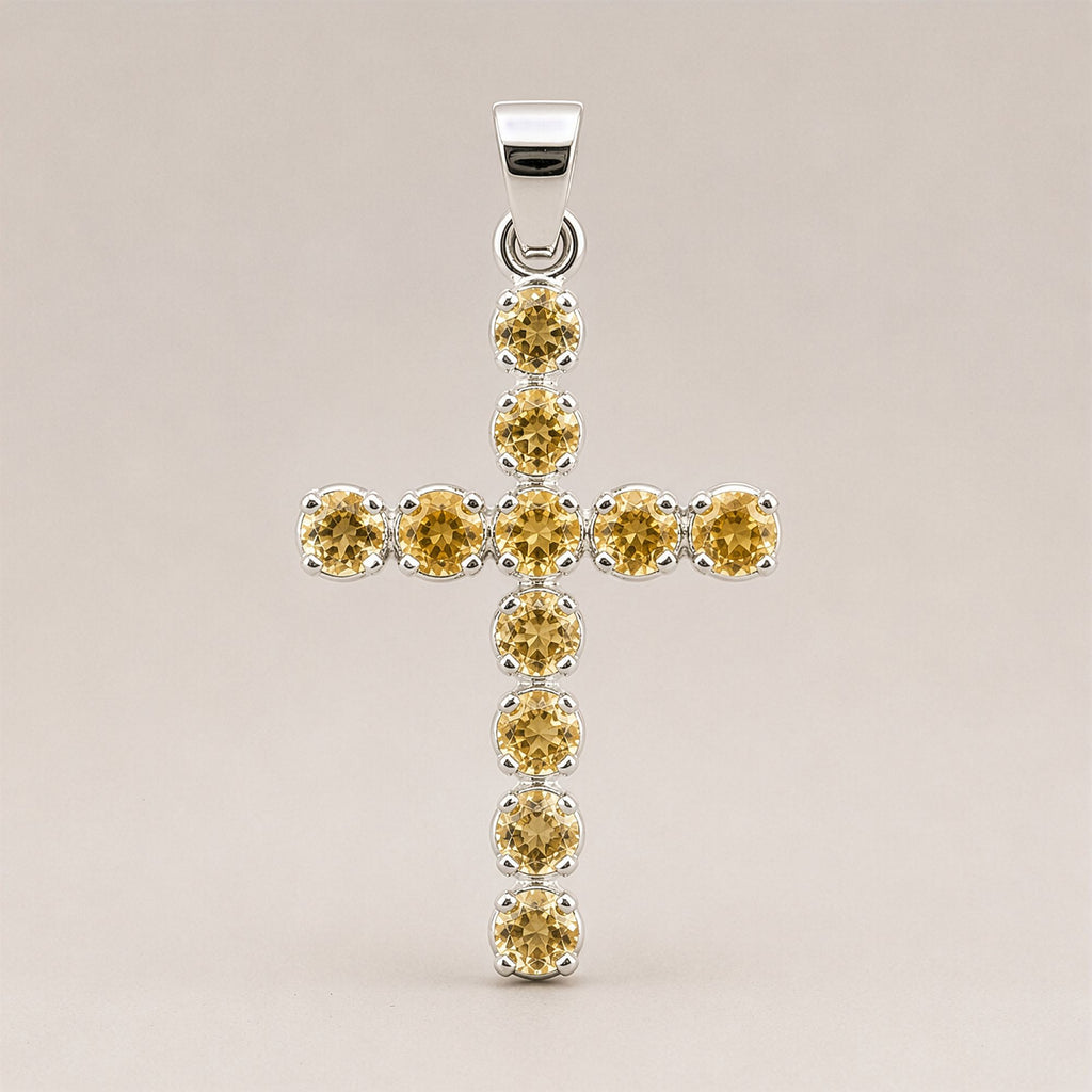 Indian Devotional Pendant - Silver Plated (45cm Chain)- Citrine Crucifix