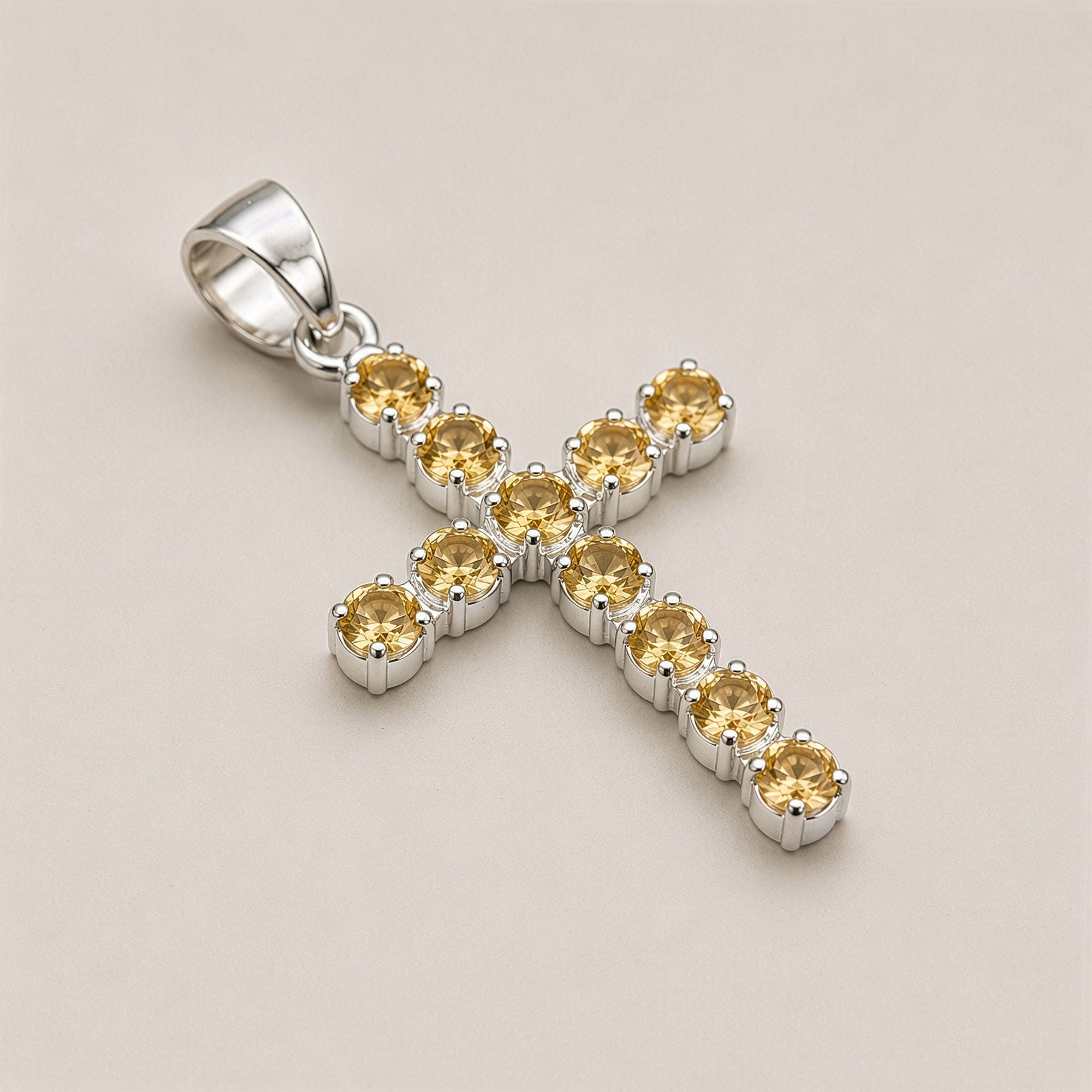 Indian Devotional Pendant - Silver Plated (45cm Chain)- Citrine Crucifix