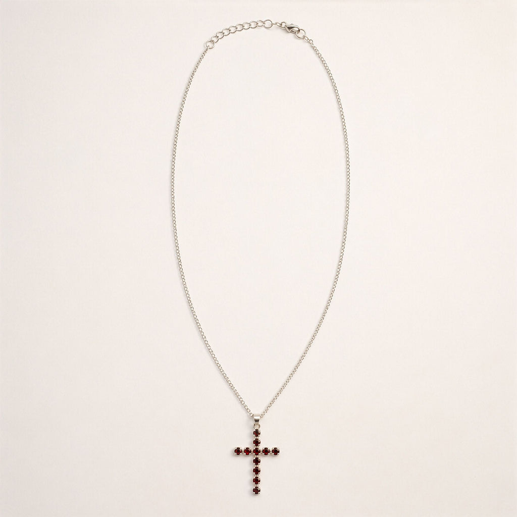 Indian Devotional Pendant - Silver Plated (45cm Chain)- Garnet Crucifix
