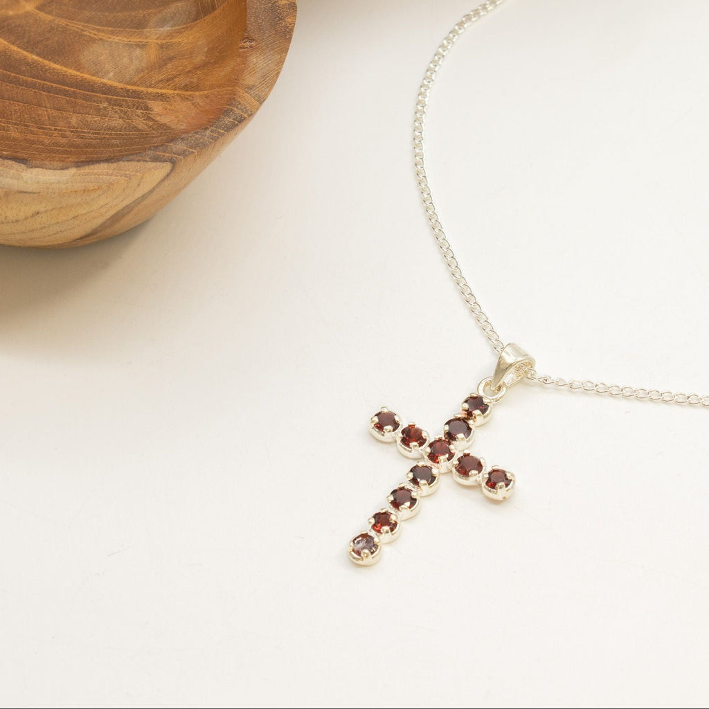 Indian Devotional Pendant - Silver Plated (45cm Chain)- Garnet Crucifix